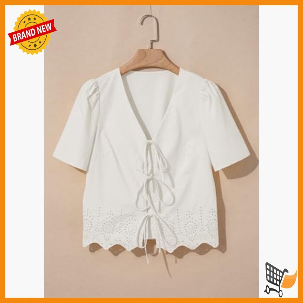 V-Neck Tie Front Crop Top with Puff Sleeves and Eyelet Embroidery - Picture 3 of 7
